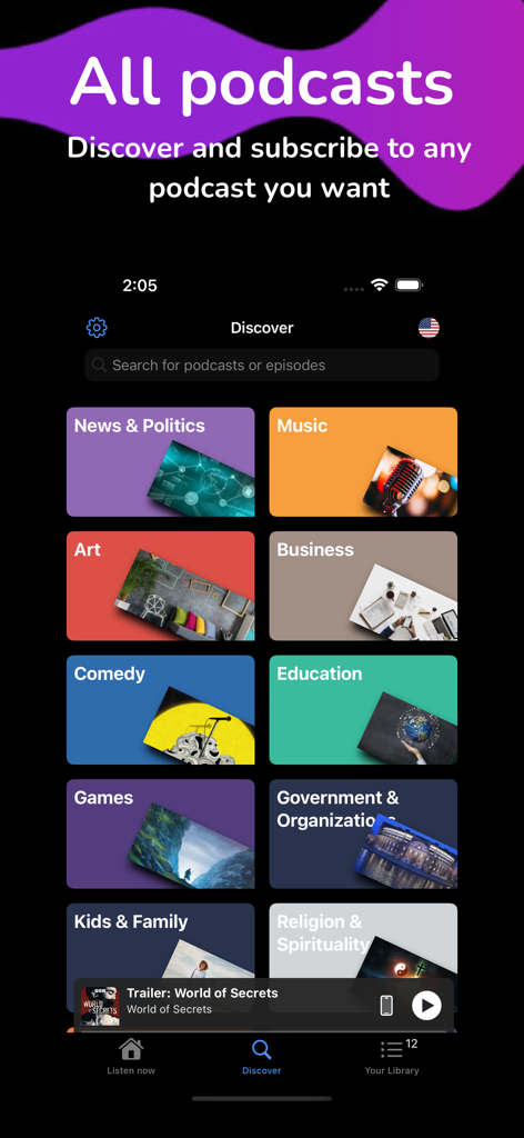 Entdeckungsbildschirm der Pods-App, der Podcast-Kategorien wie Nachrichten, Musik und Kunst mit einer Suchleiste anzeigt.