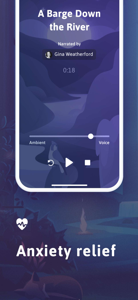 Sleep app interface displaying a narrated bedtime story for anxiety relief
