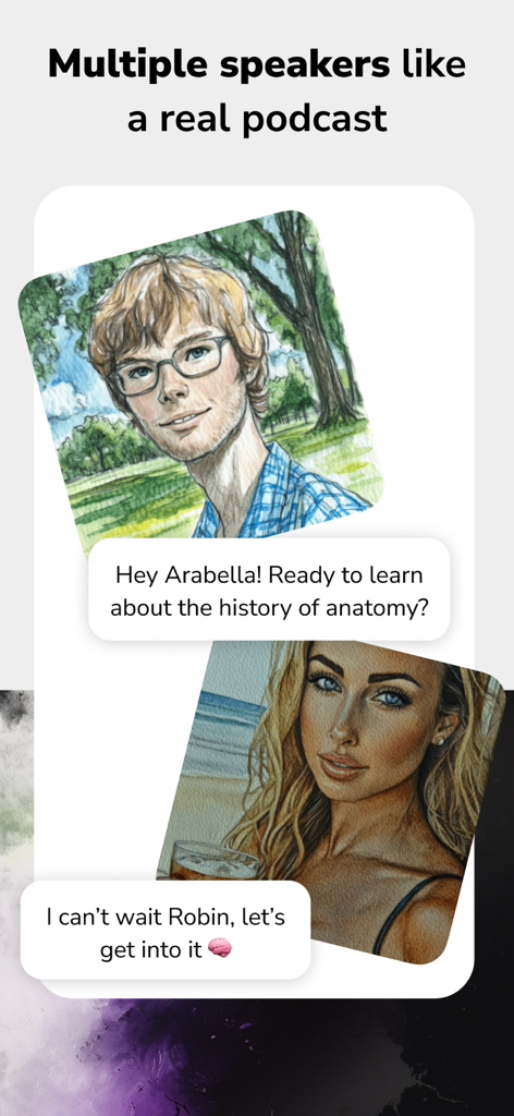 Poddle - AI podcast lessons - Screenshot of the Poddle app showing two AI speakers having a conversational podcast lesson.