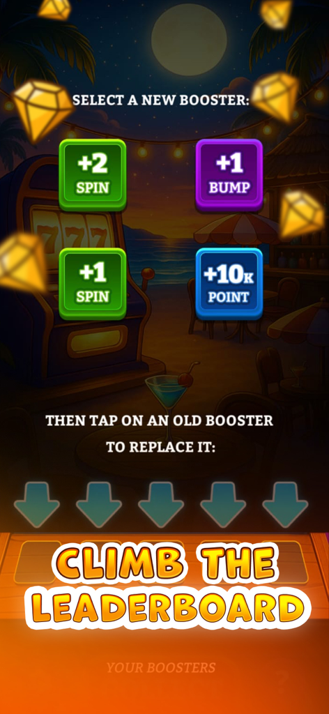 Slots Mania: Skill Slot Games - Slots Mania game screen showing booster options like spins and points to climb the leaderboard