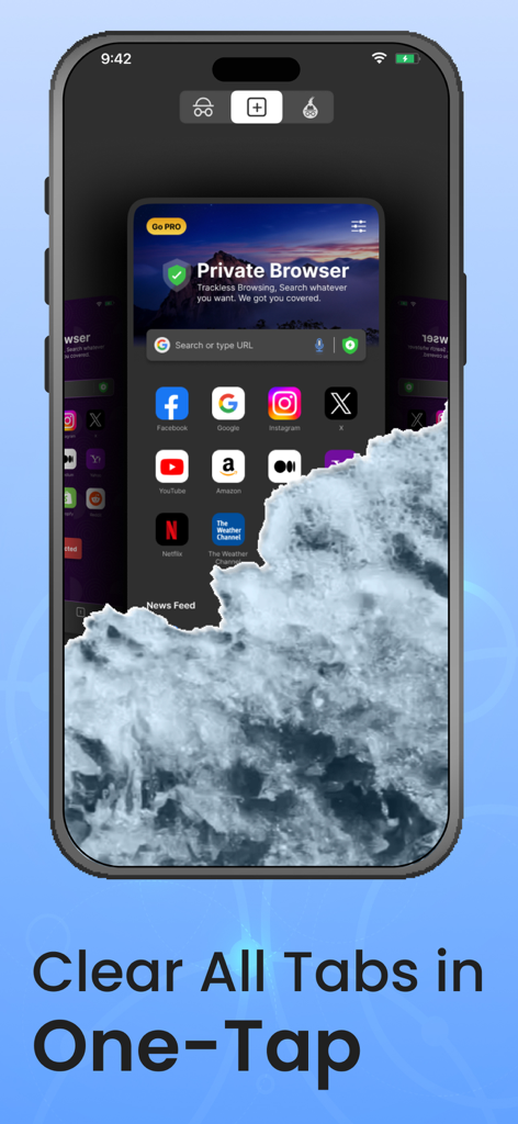 Private Browser,Incognito VPN - Smartphone-Bildschirm, der die Funktion zum Schließen aller Browser-Tabs mit einem einzigen Fingertipp in der Private Browser-App zeigt.
