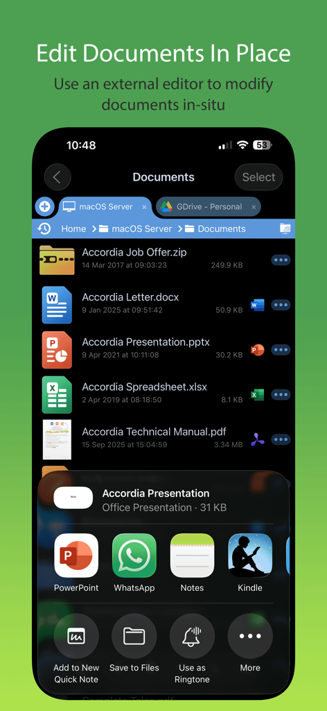 FileBrowser Professional mobile app interface showing document management and in-place editing features