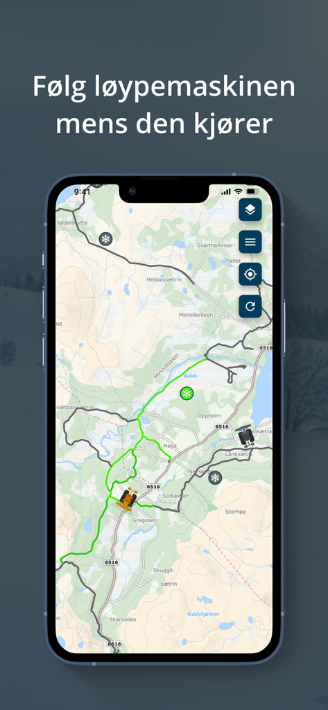 Skiappen - Skiappen interface showing a real-time map of groomed ski tracks in Norway with a snow groomer icon