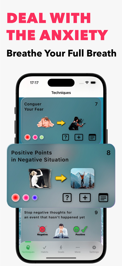 iHappy - Personal Happy Diary - iHappy app interface showing positive thinking exercises and anxiety relief techniques on a smartphone screen.