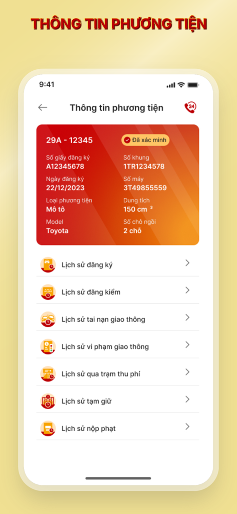 VNeTraffic - VNeTraffic mobile app screen showing vehicle registration information and a list of history options like violations and fine payments