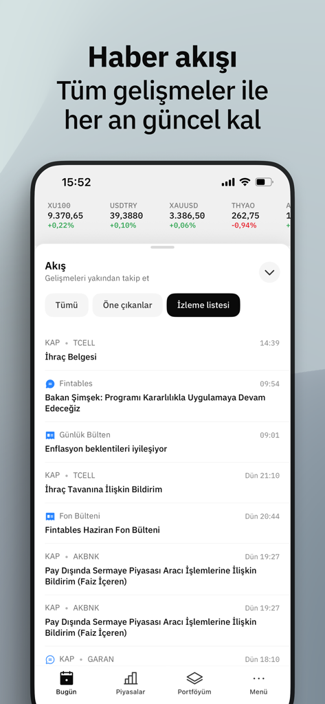 Fintables: Borsa, Hisse ve Fon - Feed de notícias do aplicativo Fintables mostrando atualizações financeiras em tempo real e dados de mercado