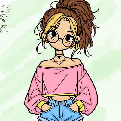 girl with a messy ponytail glasses a baggy crop top and jean shorts