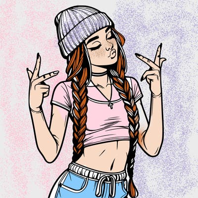 realistic teenage girl with braids and a beanie and crop top doing 🫶🏼