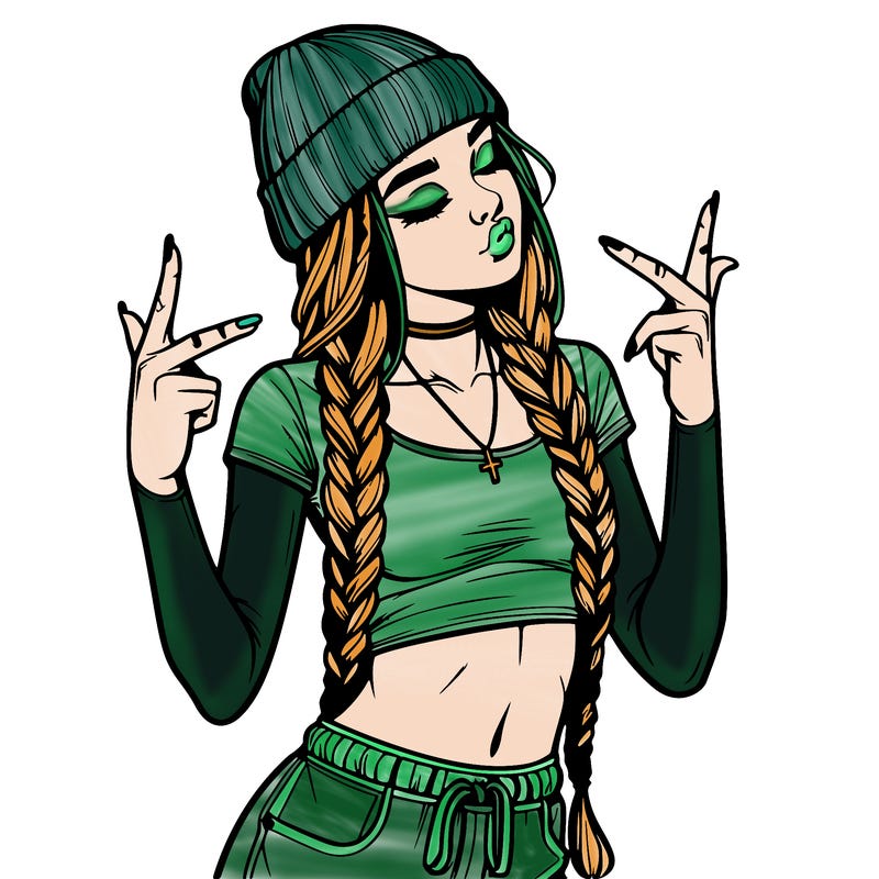 realistic teenage girl with braids and a beanie and crop top doing 🫶🏼