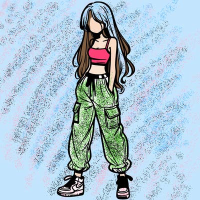 girl in baggy pants crop top and long hair