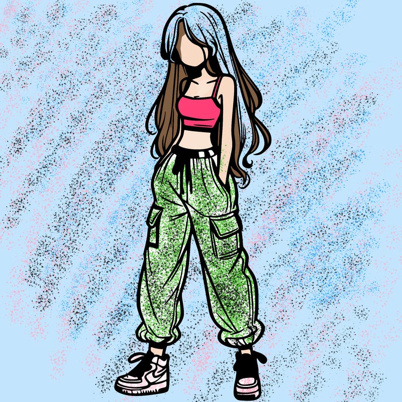 girl in baggy pants crop top and long hair