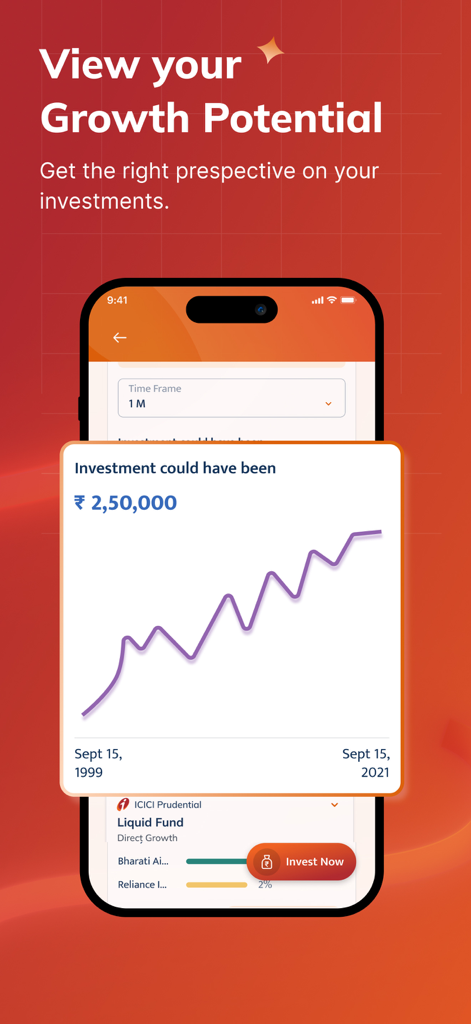i-Invest iPru - A growth potential chart on the i-Invest iPru app showing mutual fund investment performance over time.