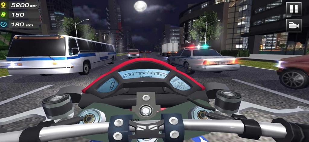Highway Moto Rider 2 Bike Game - First person view of a superbike racing on a city highway at night dodging traffic