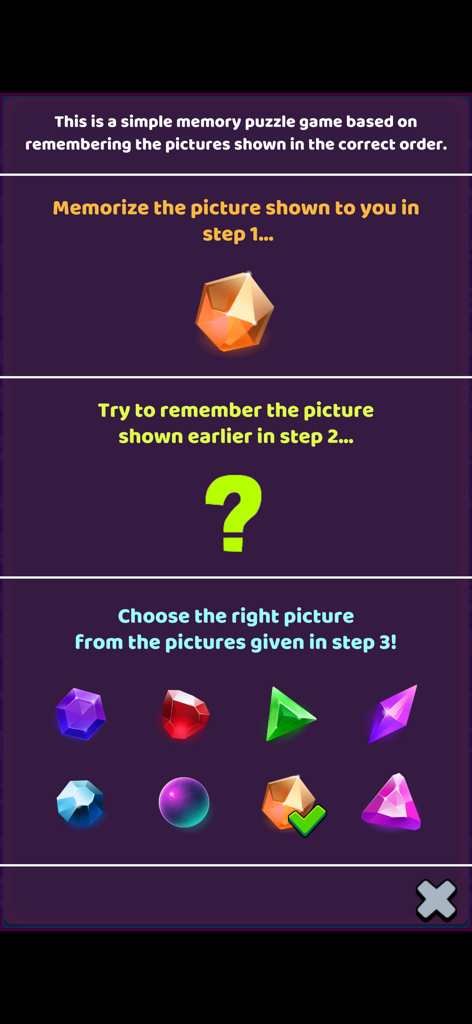 Brain Teaser Mind Game - 두뇌 퀴즈 마인드 게임 튜토리얼 화면, 보석 패턴을 기억하고 식별하는 방법 설명