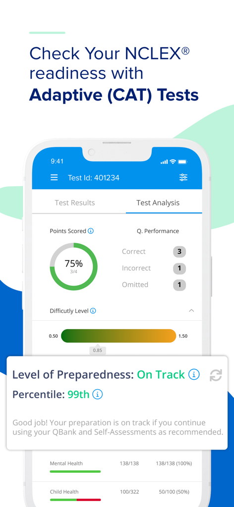 UWorld Nursing app screen showing NCLEX readiness with adaptive test analysis and performance tracking