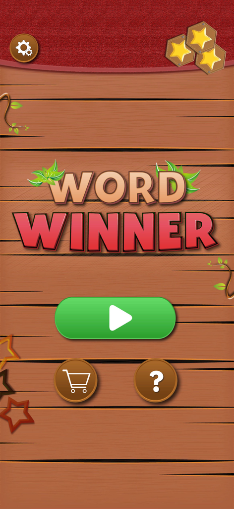 The main menu of Word Winner mobile app featuring a large green play button on a wooden background.