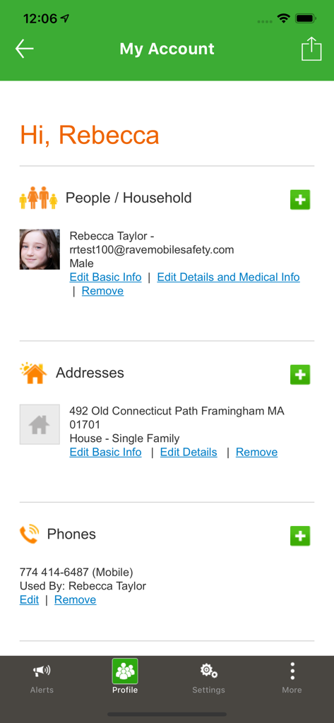 Smart911 app My Account screen showing personal and household safety information