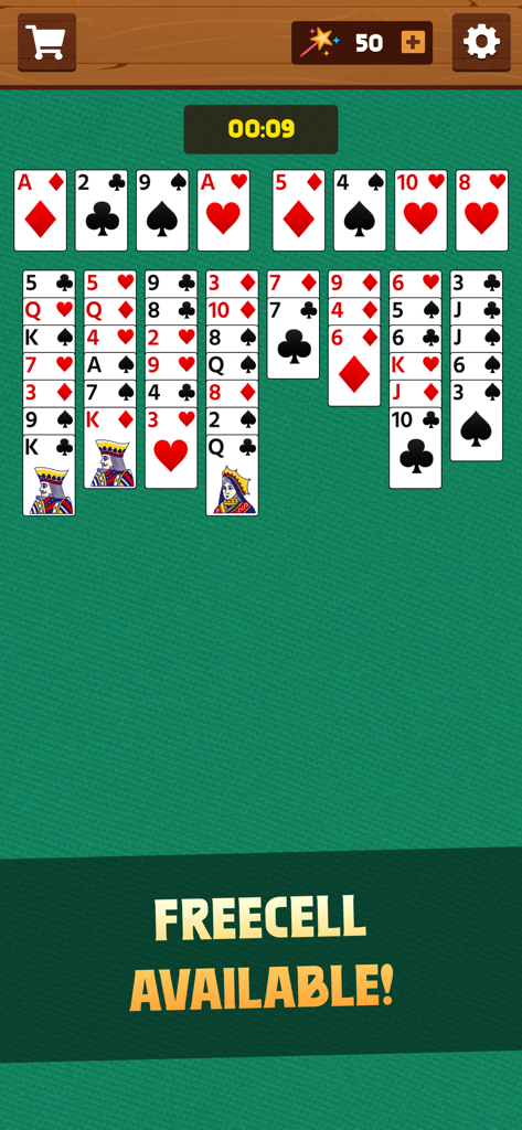 Screenshot of FreeCell gameplay in the Solitaire app showing cards arranged in columns on a green background
