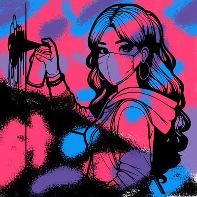 realistic girl with mask spray painting a wall