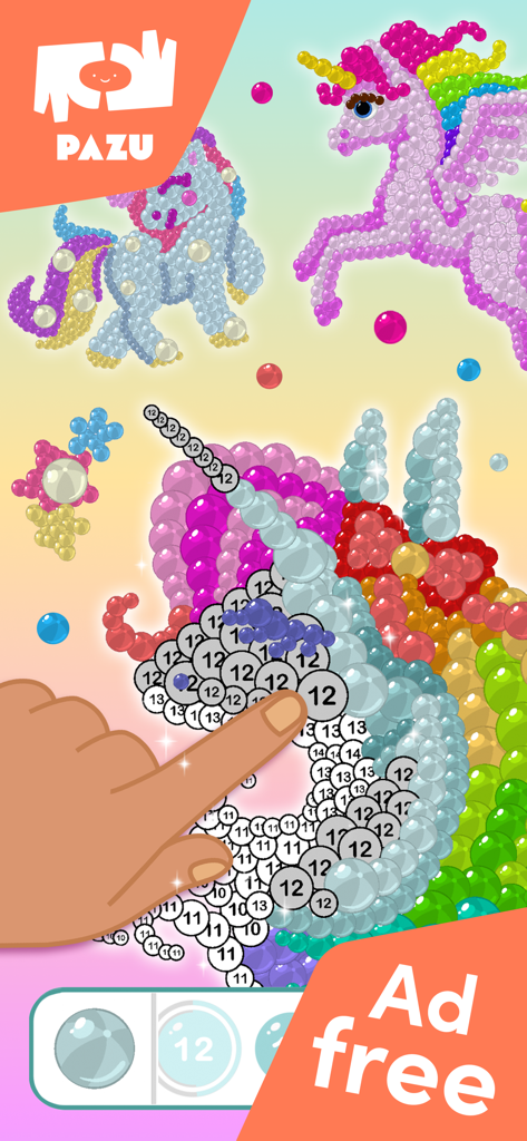 Un niño coloreando un unicornio estilo perla en un juego educativo de colorear por número sin anuncios