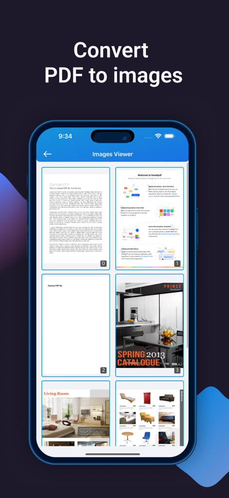 PDF Compressor: Scan & Edit - Interfaccia dell'app mobile che mostra un documento PDF convertito in più immagini separate