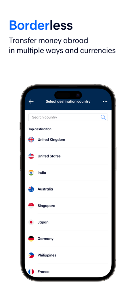 Bildschirm der Bangkok Bank Mobile Banking App zur Auswahl eines Ziellandes für internationale Geldüberweisungen