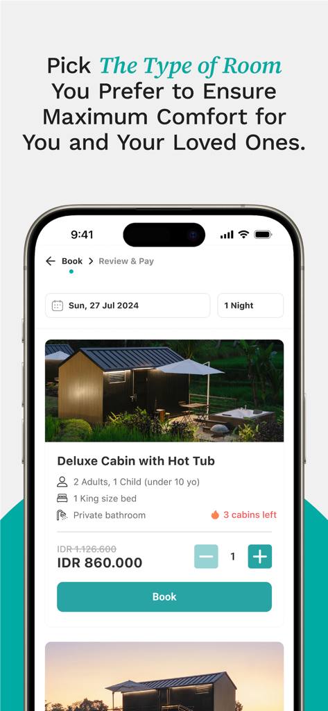 A mobile app screen for booking a deluxe cabin with a hot tub on the Bobobox app.