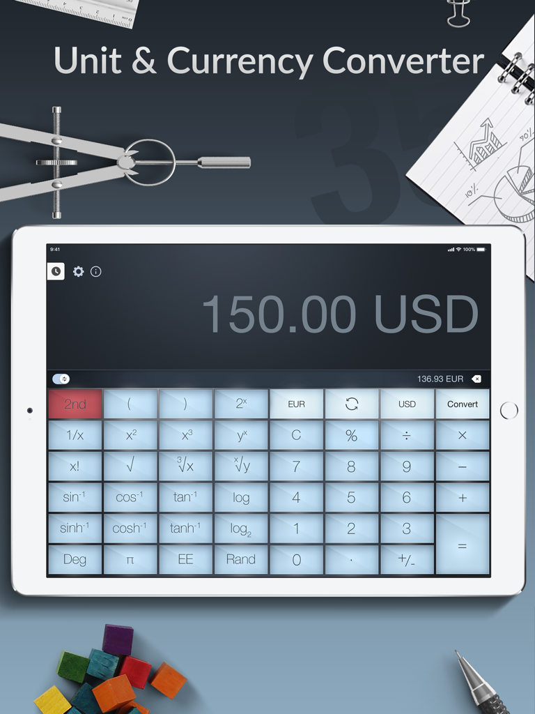 Pantalla del iPad mostrando la función de convertidor de divisas en la aplicación Calculator Pro plus