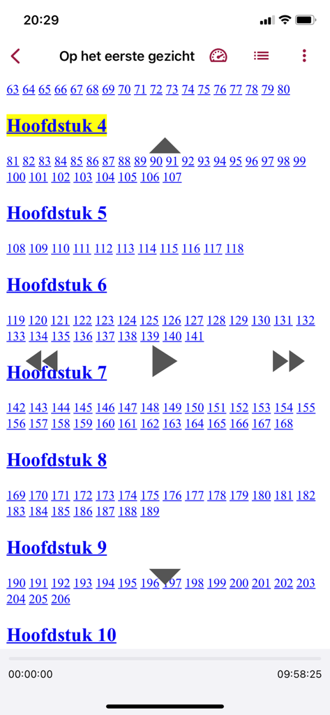Passend Lezen - Audiobook navigation interface showing chapters and page numbers in the Passend Lezen app.