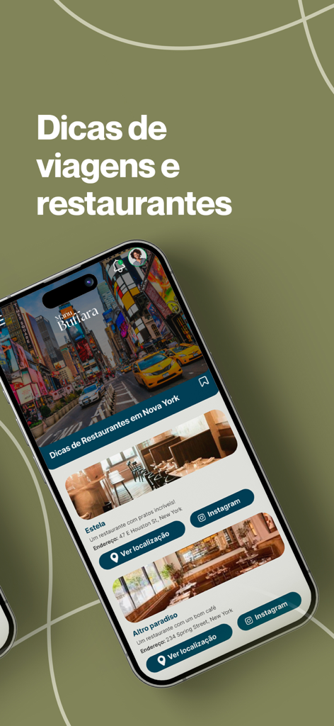 Manu Buffara - Manu Buffara mobile app screen showcasing travel and restaurant recommendations with specific tips for dining in New York City.