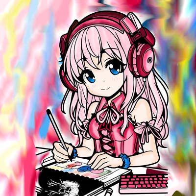manga girl wearing headphones and drawing in sketchbook