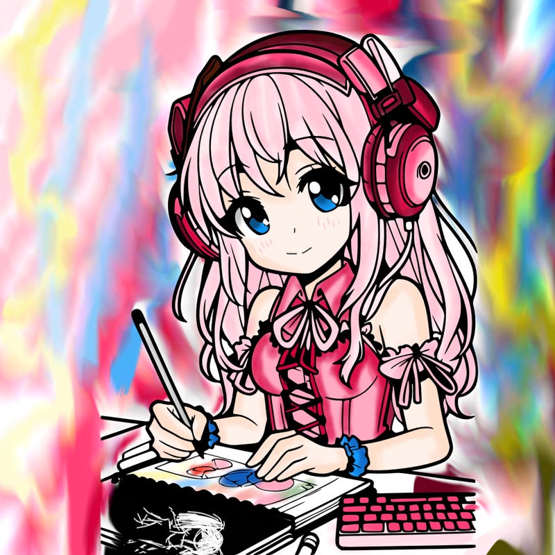 manga girl wearing headphones and drawing in sketchbook