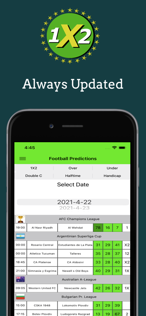 Interfaz de la aplicación de predicciones de apuestas Your1x2 mostrando consejos de partidos de fútbol