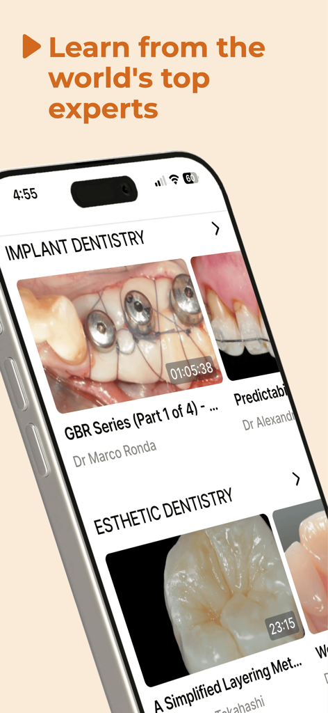 gIDE Dental Institute - Smartphone screen showing the gIDE Dental Institute app with various dental surgery and esthetic videos
