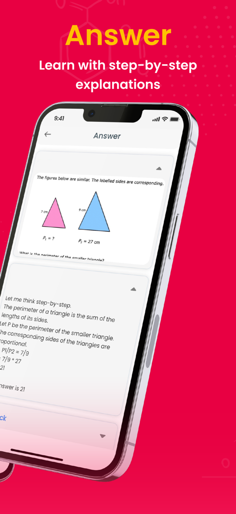 Math.AI - Math Solver - Smartphone screen showing a geometry problem about similar triangles and its step-by-step solution in the Math AI app.