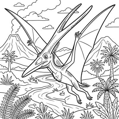 Discover the ancient skies with our captivating Nyctosaurus coloring page. This unique toothless pterosaur is ready for your artistic flair amidst a vibrant prehistoric scene.