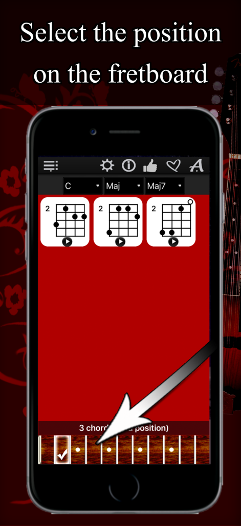 Mandolin Chords Compass - Interfaccia dell'app Bussola Accordi Mandolino che mostra diagrammi di accordi e selezione della posizione della tastiera su un iPhone.
