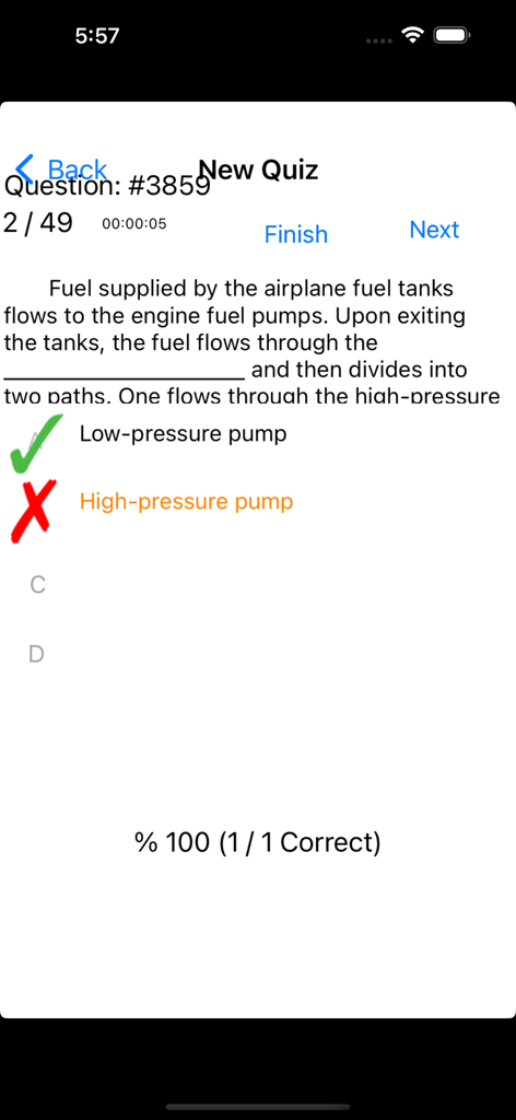 Screenshot of a multiple-choice question in the Embraer 190 training app regarding fuel tank pump flow with a correct answer marked in green.