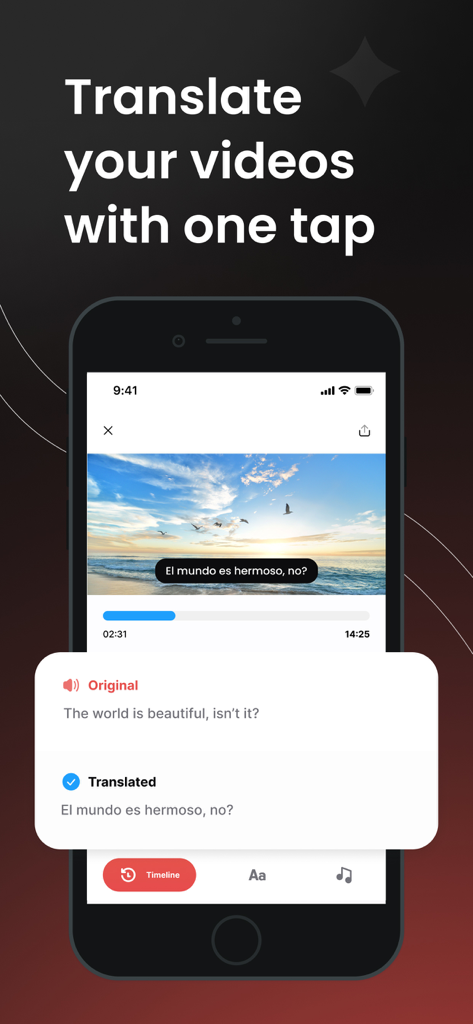Translate Video: Subtitles - A smartphone showing the Translate Video app translating English captions into Spanish subtitles on a video of a sunset