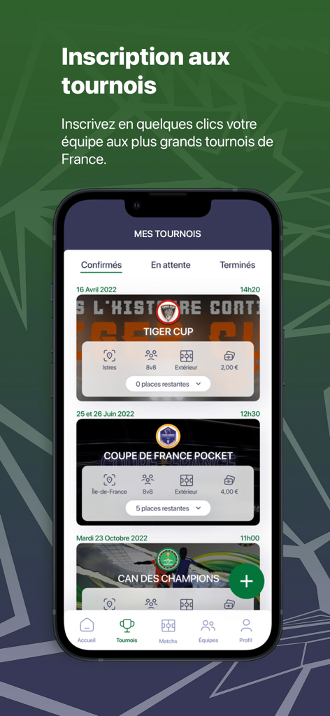 UFT - tournoi & match de foot - A mobile app screen showing a list of soccer tournaments with details on locations, team formats, and registration status.
