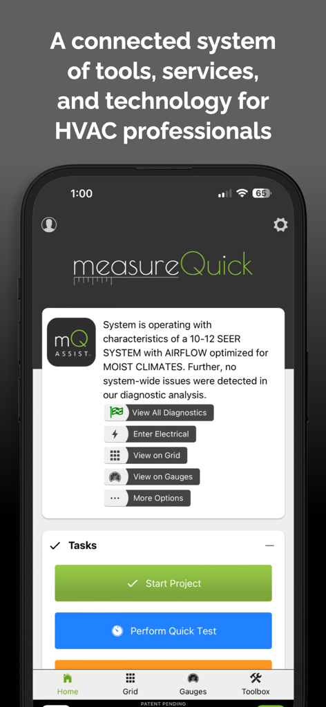 measureQuick HVAC - measureQuick HVAC mobile app dashboard showing system diagnostic results and professional service task options.