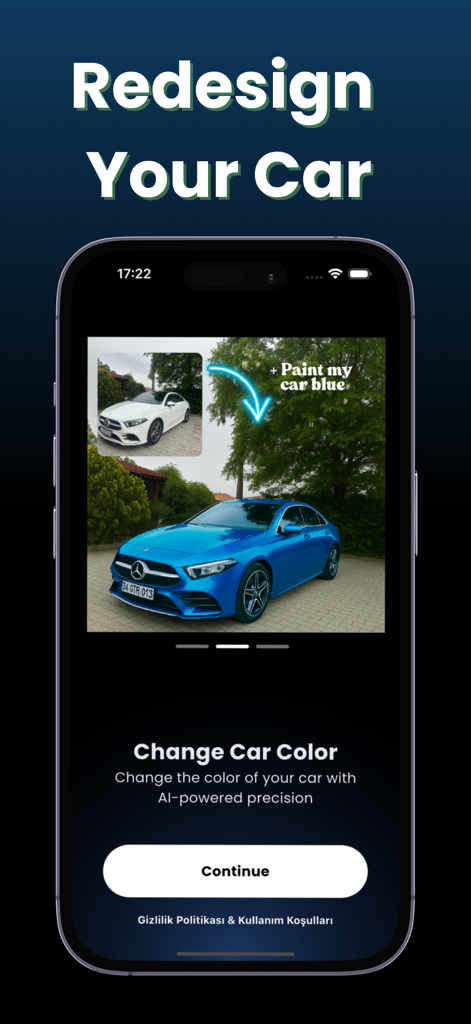 Mody : AI Car Modifications - Interface da aplicação Mody AI mostrando uma modificação de cor de carro de branco para azul