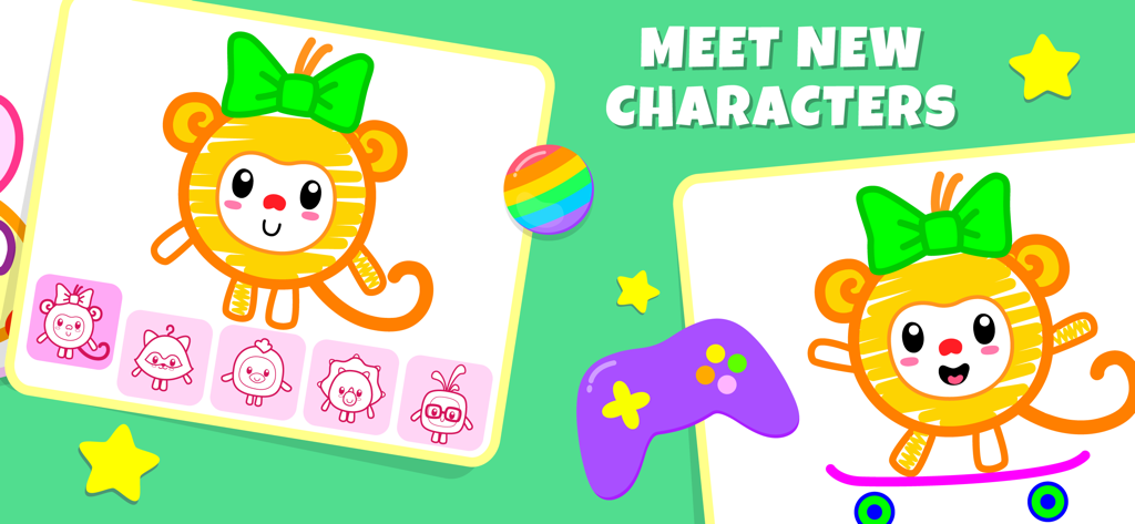 Drawing Pad Kids Toddler Games - Una pantalla colorida de la app Drawing Pad que muestra un lindo personaje de mono en una patineta con el texto 'Conoce nuevos personajes'.