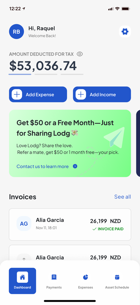 Lodg NZ - Dashboard of the Lodg NZ app showing a tax deduction balance, income and expense buttons, and a list of paid invoices.