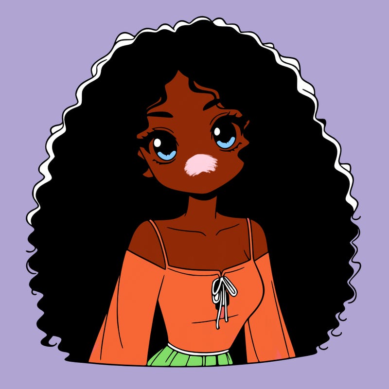 a black anime girl with long afro hair