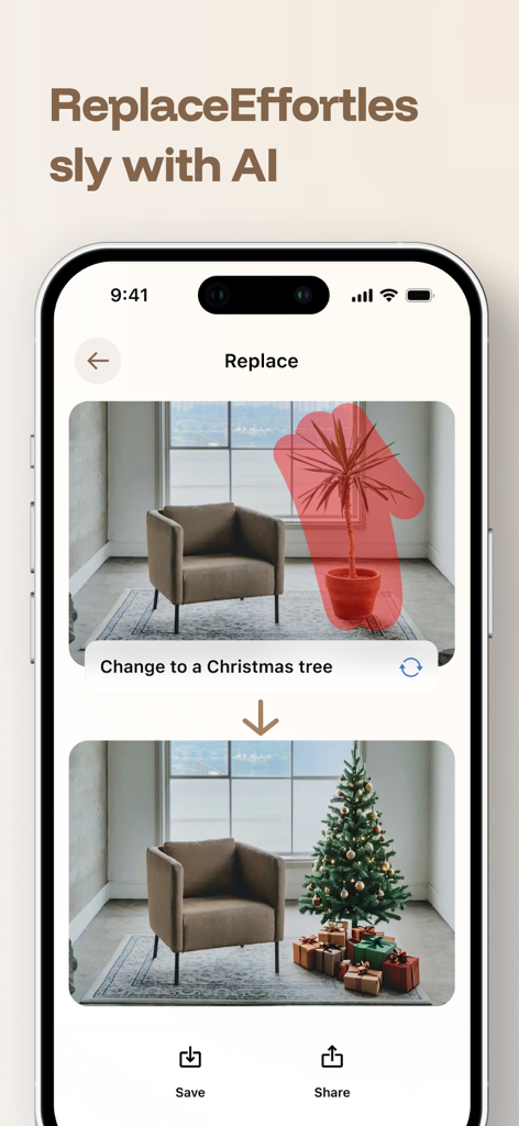 AI interior design app interface showing a plant being replaced by a Christmas tree in a living room.