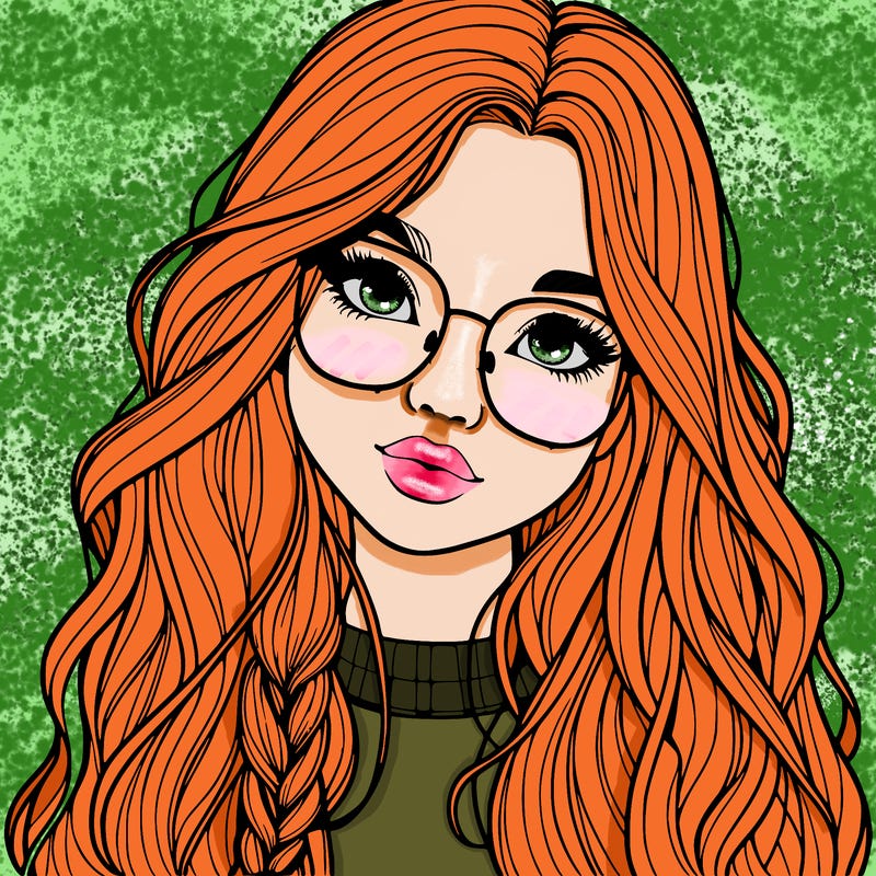 girl with long hair and freckles and glasses realistic