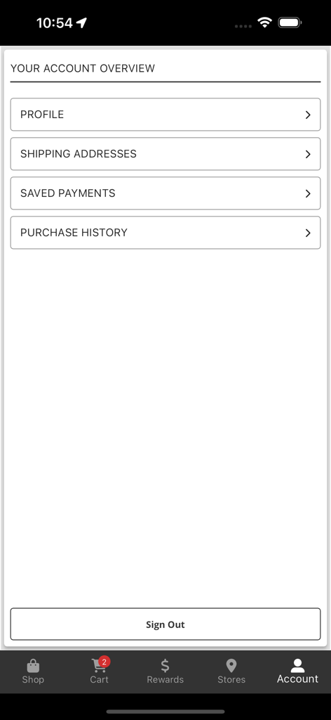 Tela de visão geral da conta no aplicativo móvel Rack Room Shoes mostrando opções para perfil, endereços de entrega e histórico de compras