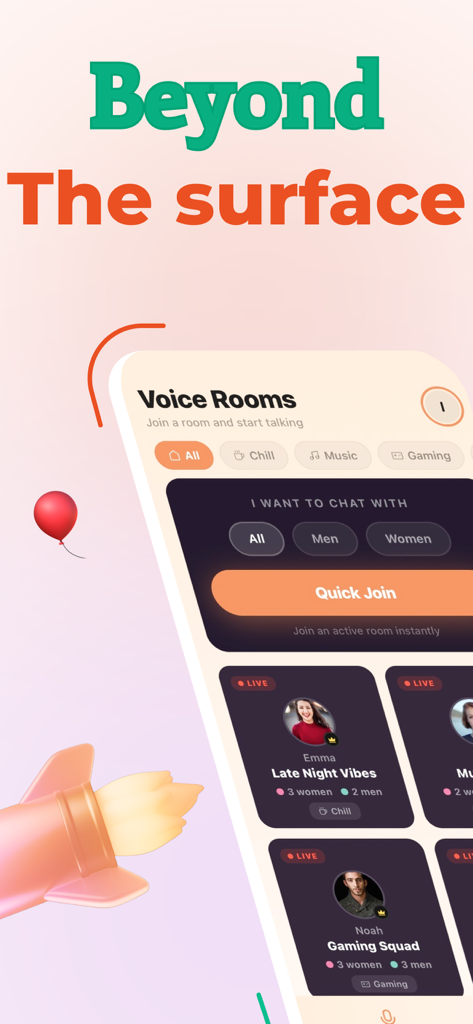 OMG: Live Chat - OMG Live Chat app interface showing active voice rooms for chill and gaming with a quick join button