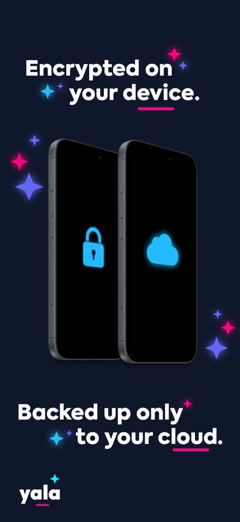 Yala App-Oberfläche, die verschlüsselte lokale Datenspeicherung und private Cloud-Backup-Sicherheitsfunktionen hervorhebt
